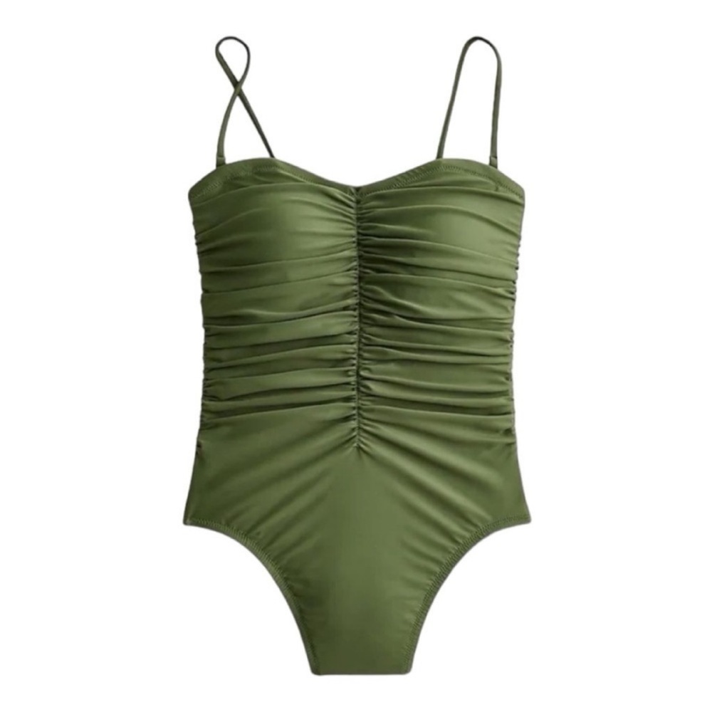 J Crew Olive Green Ruched Plus One Piece Hi Cut Swimsuit Size 24 NEW UPF50